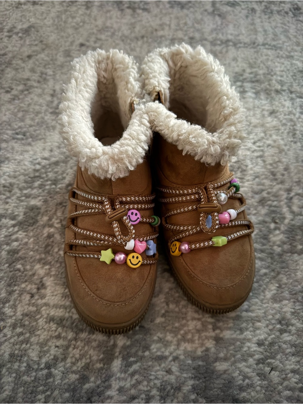 Cat & Jack 12T Faux-Shearling Tan Winter Booties with Beaded Laces